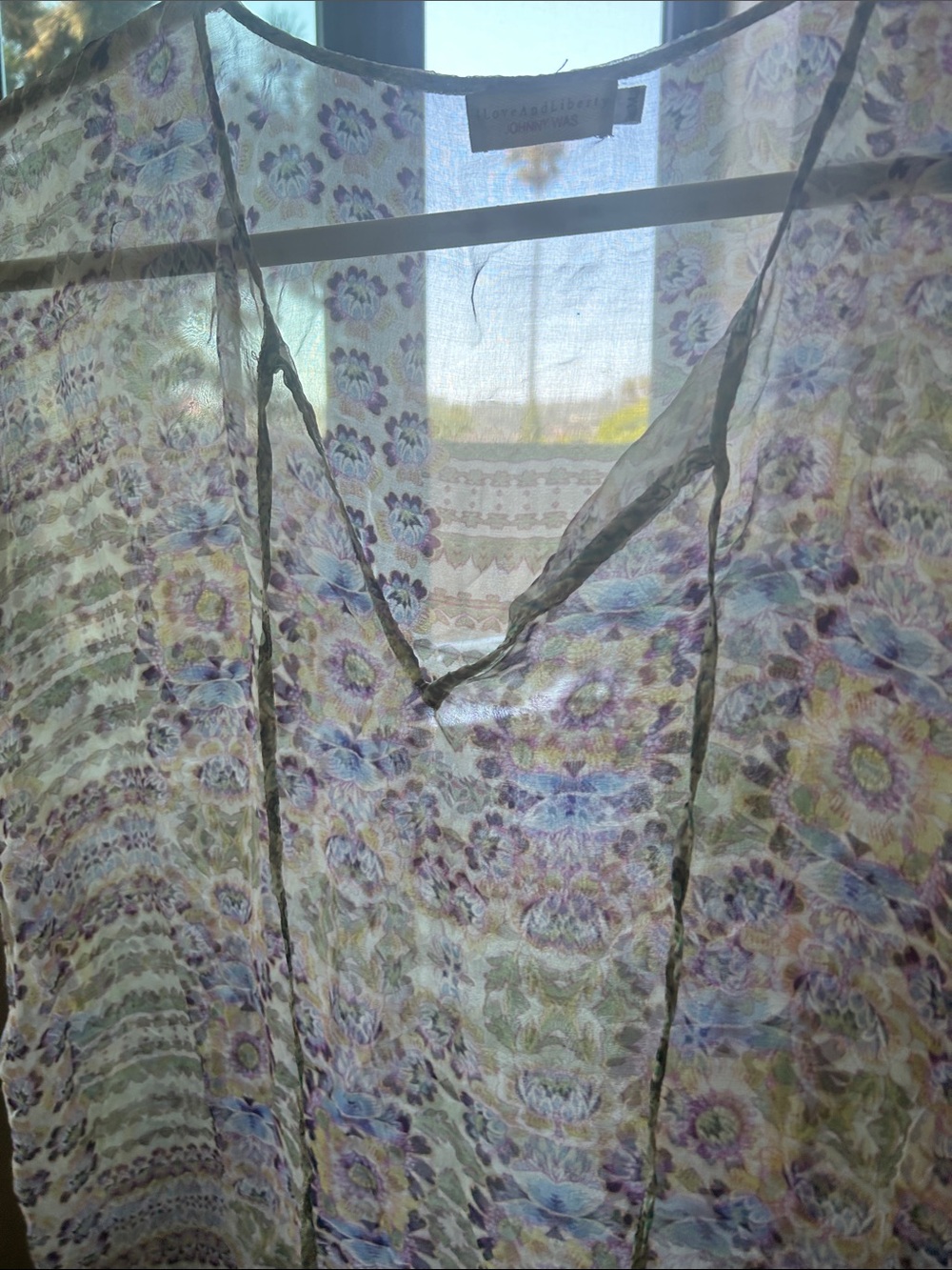 Johnny Was Sheer Floral Tunic in Pastel Green, Lavender and Pale Blue